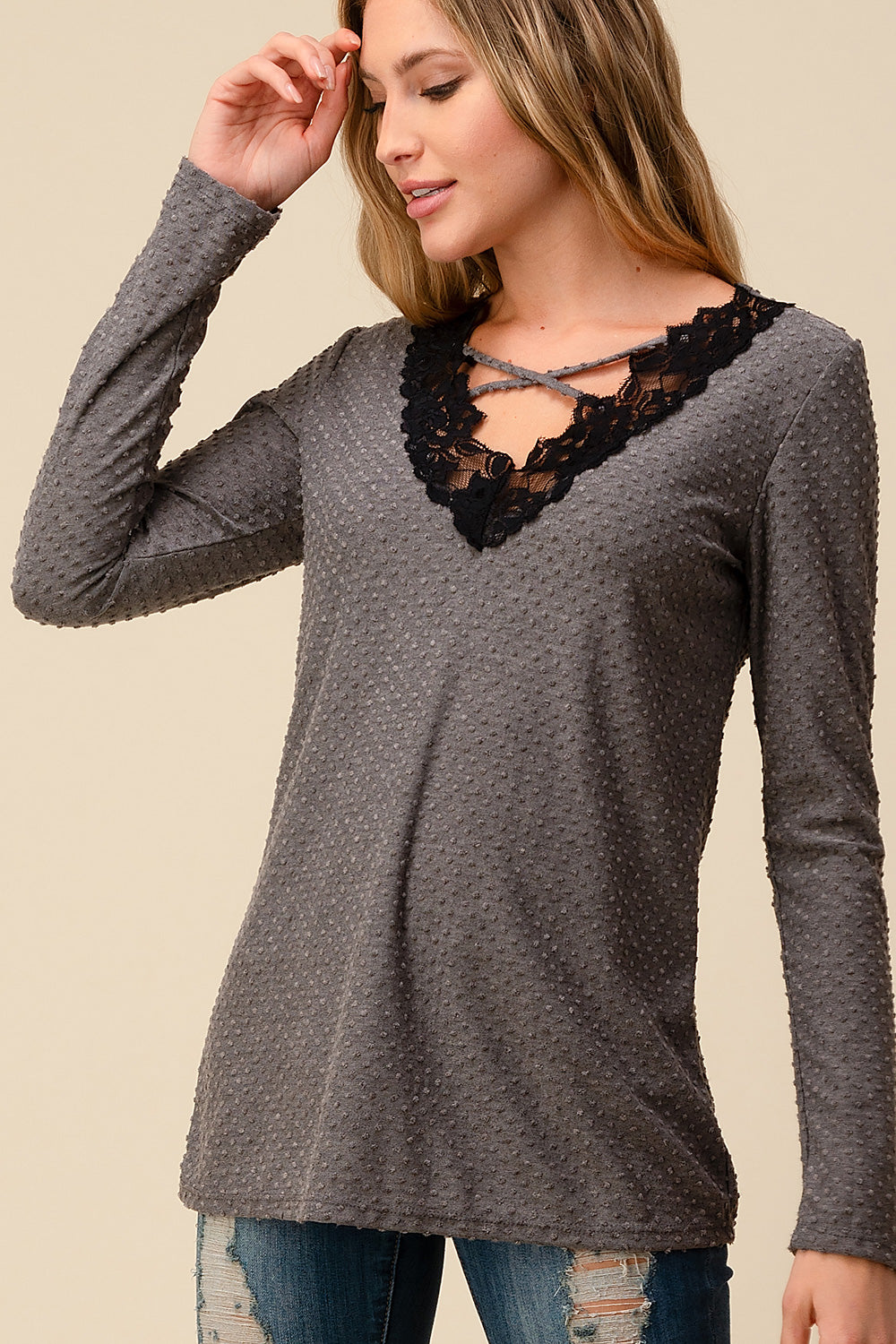 Swiss Dot Lace Criss Cross Long Sleeve Top
