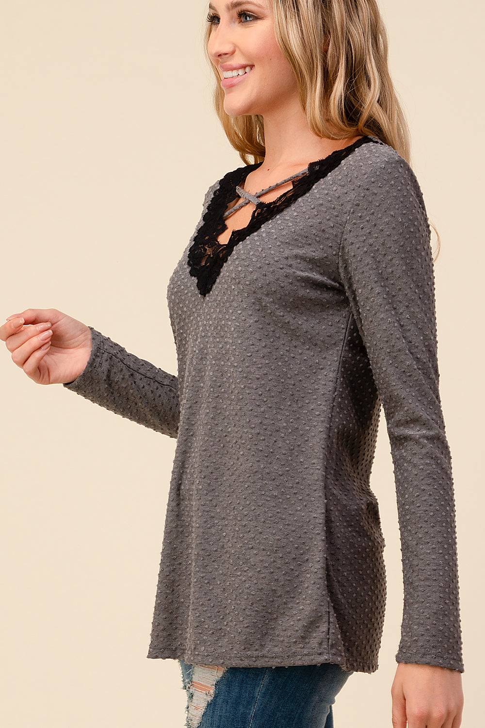 Swiss Dot Lace Criss Cross Long Sleeve Top