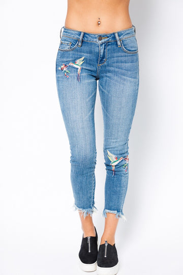 Hidden Jeans Hummingbird Embroidered Raw Hem