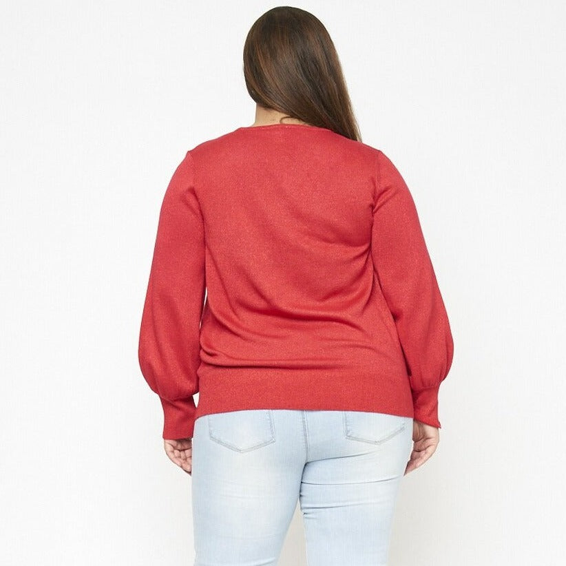 Sparkle Red Balloon Sleeve Sweater Top w/ Rhinestone Accents