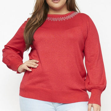 Sparkle Red Balloon Sleeve Sweater Top w/ Rhinestone Accents