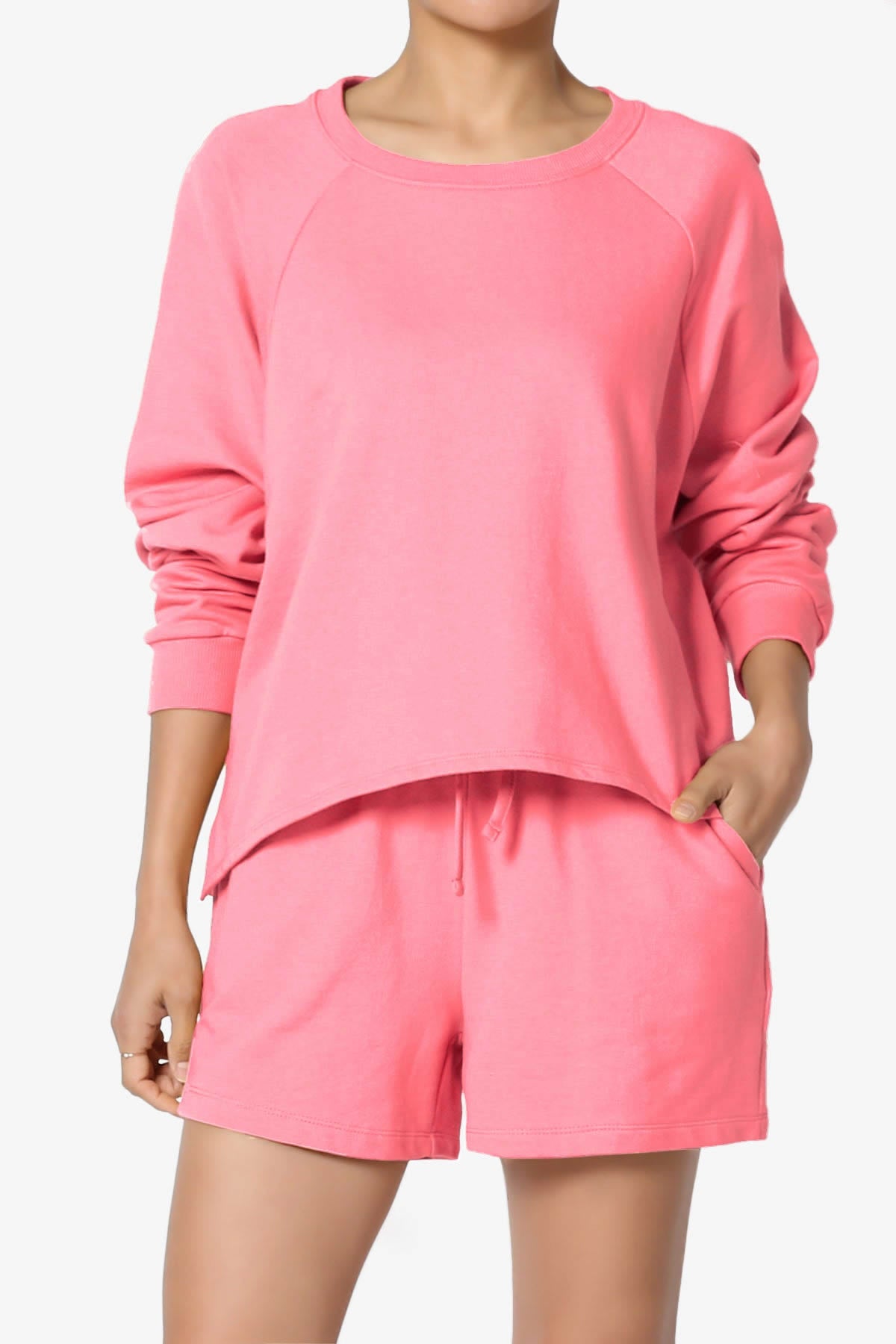 Oversized Cotton Terry Lounge Set – Long Sleeve Top & Drawstring Shorts - Plus