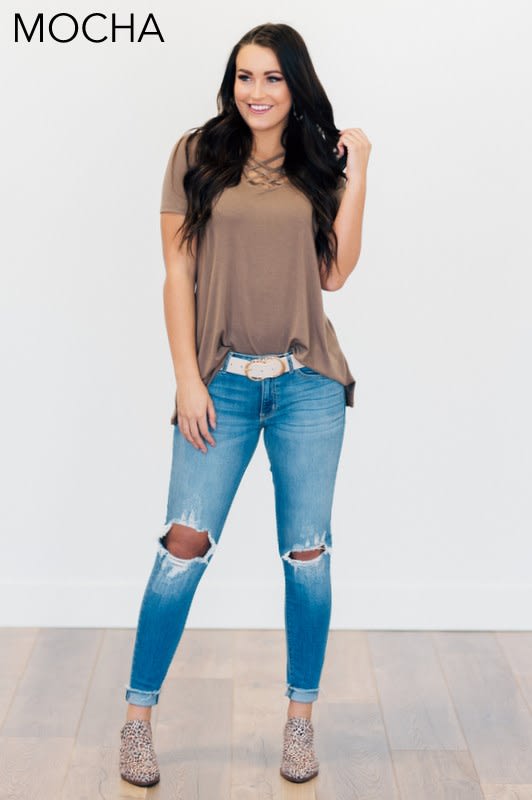 Lattice Front Cage Short Sleeve Top