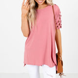Crisscross Lattice Shoulder Half Sleeve Side Split Hi - Low Hem Oversized Top