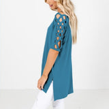 Crisscross Lattice Shoulder Half Sleeve Side Split Hi - Low Hem Oversized Top