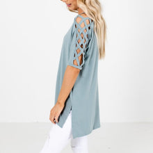 Criss Cross Lattice Shoulder Half Sleeve Side Split Hi - Low Hem Oversized Top