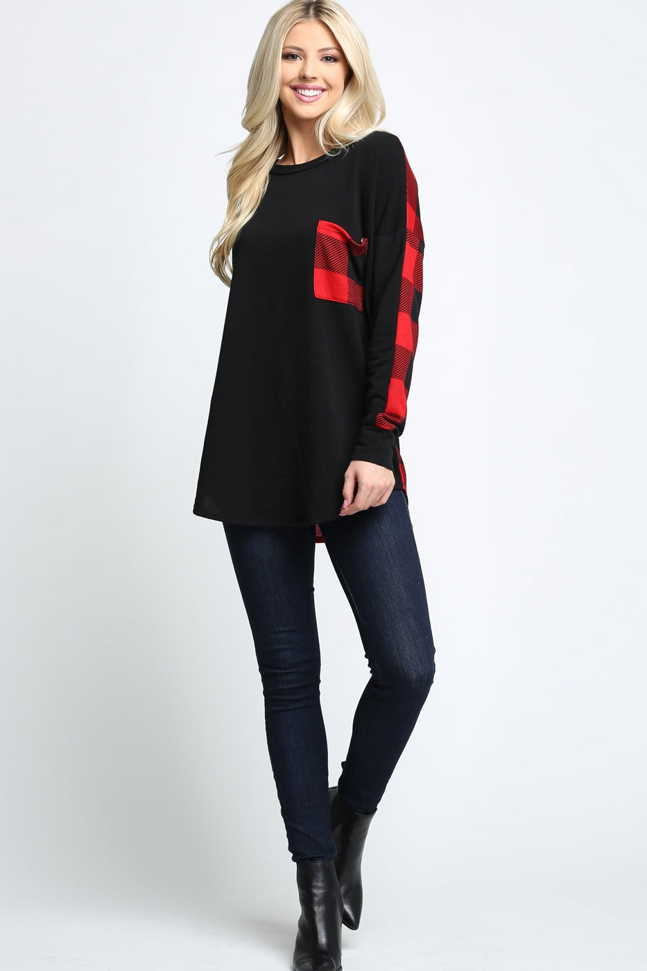 Red Buffalo Plaid Contrast Long Sleeve Round Neck Top