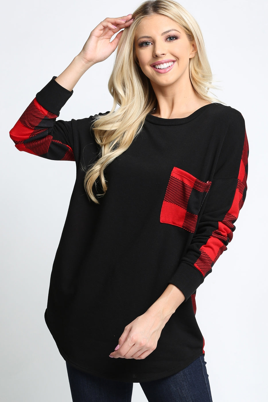Red Buffalo Plaid Contrast Long Sleeve Round Neck Top