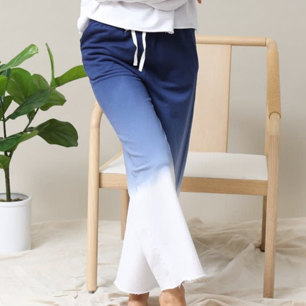 Cotton Ombre Dip Dye French Terry Long Sleeve Top Wide Leg Lounge Pants w/ Pockets Tracksuit SET - Navy