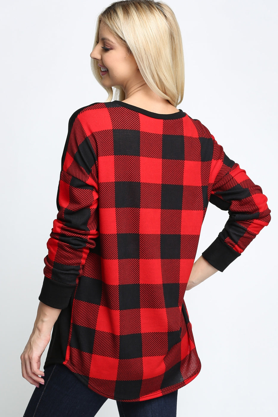 Red Buffalo Plaid Contrast Long Sleeve Round Neck Top