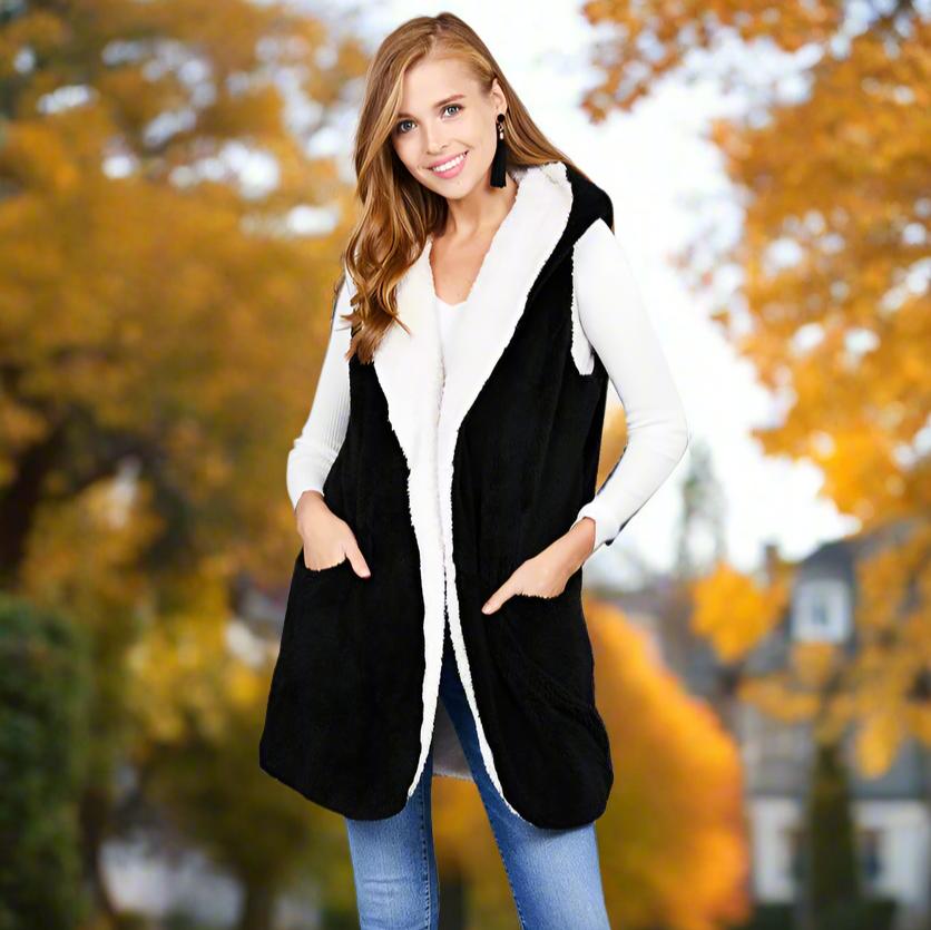 Fluffy Hooded Open Vest with Pockets