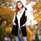 Fluffy Hooded Open Vest with Pockets