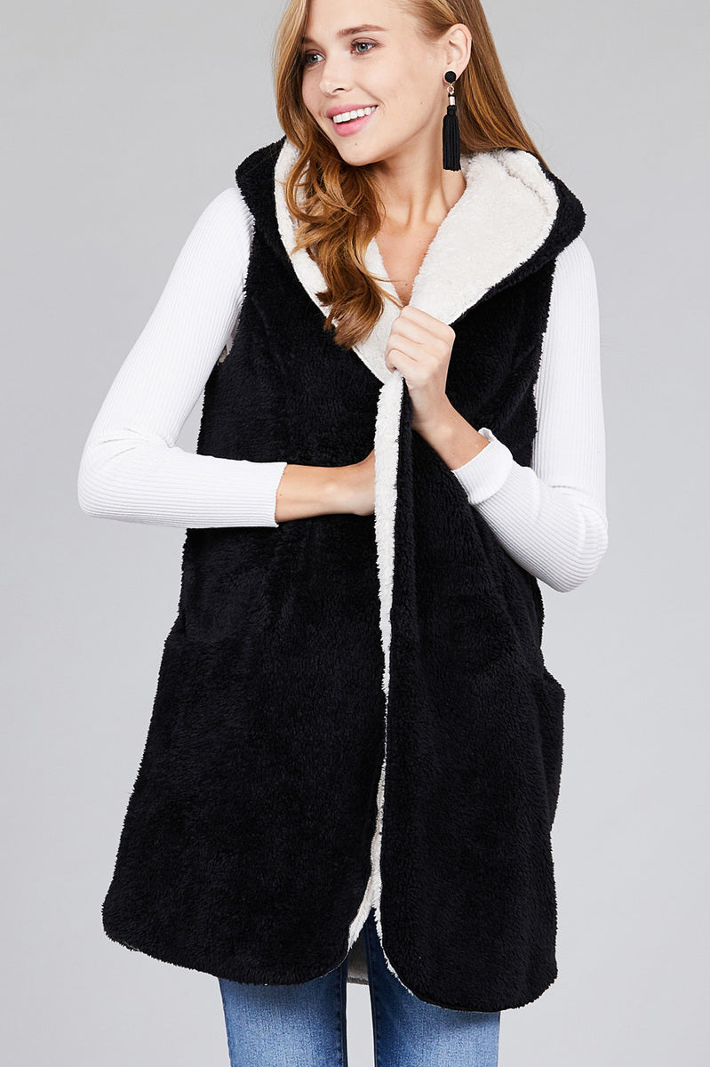 Panda Fluffy Hooded Open Vest with Pockets