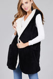 Fluffy Hooded Open Vest with Pockets