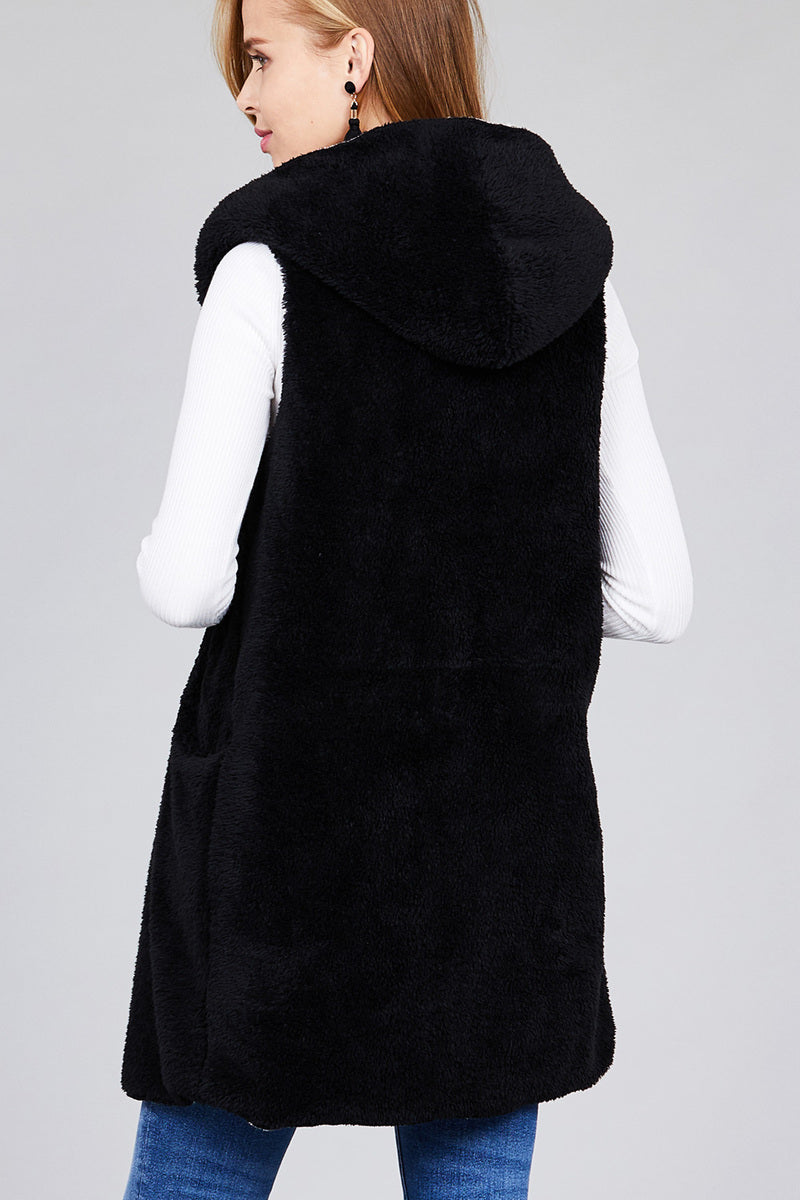 Fluffy Hooded Open Vest with Pockets