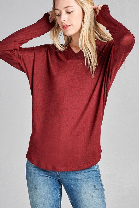 V-Neck Long Sleeve Heathered Sweater Top