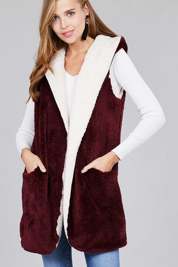Plum Fluffy Hooded Open Vest with Pockets