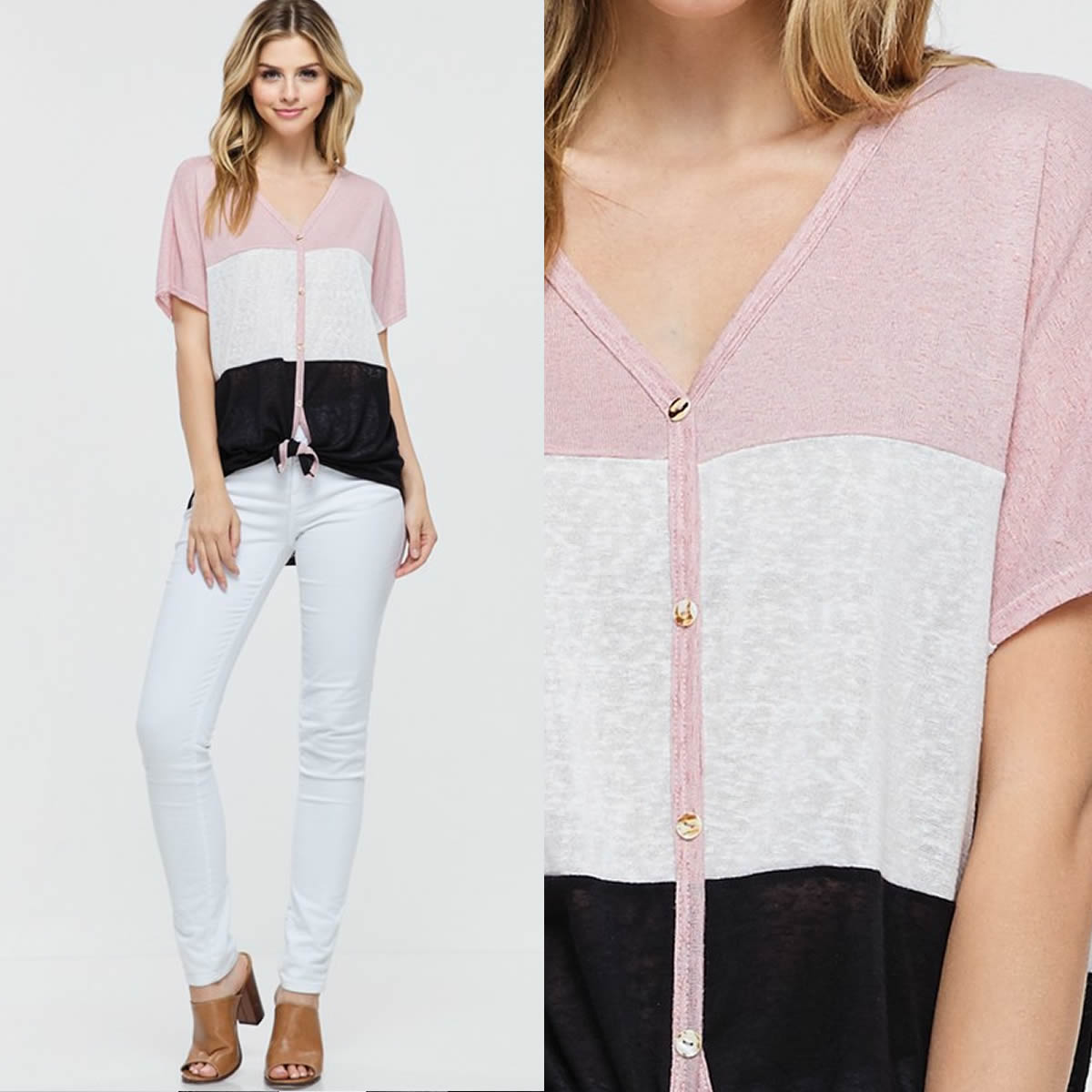 Colorblock Button Top with Tie Detail