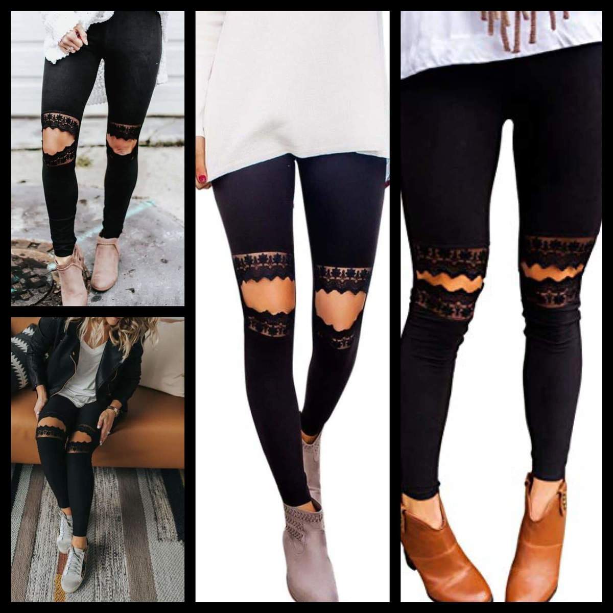 Lace Knee Cutout Leggings - Black