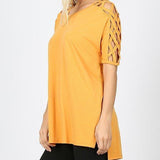 Crisscross Lattice Shoulder Half Sleeve Side Split Hi - Low Hem Oversized Top