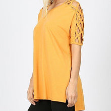 Criss Cross Lattice Shoulder Half Sleeve Side Split Hi - Low Hem Oversized Top