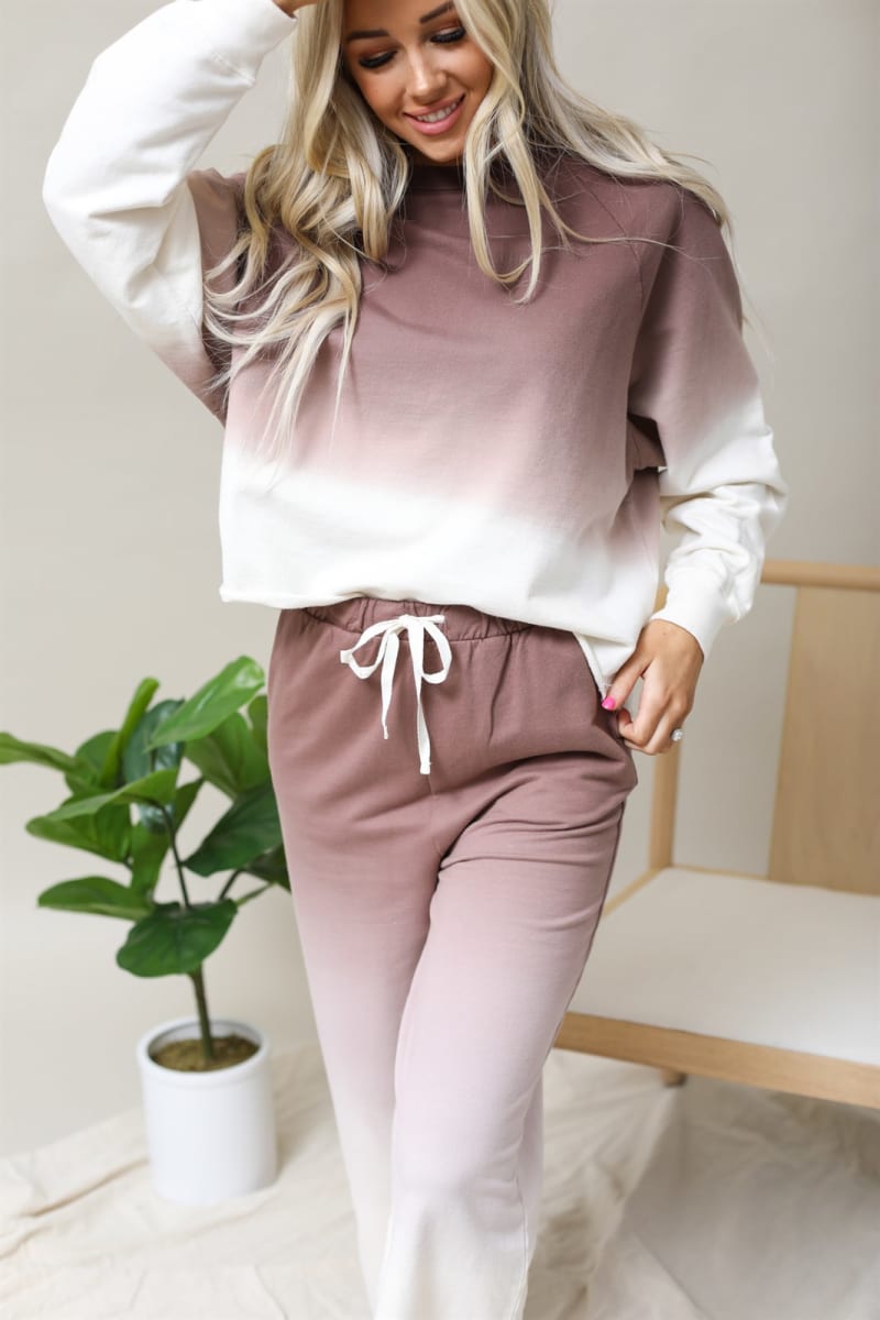 Cotton Ombre Dip Dye French Terry Long Sleeve Top Wide Leg Lounge Pants w/ Pockets Tracksuit SET - Mocha