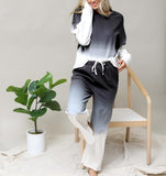 Cotton Ombre Dip Dye French Terry Long Sleeve Top Wide Leg Lounge Pants w/ Pockets Tracksuit SET - Black