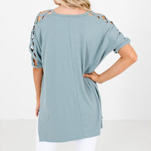 Criss Cross Lattice Shoulder Half Sleeve Side Split Hi - Low Hem Oversized Top