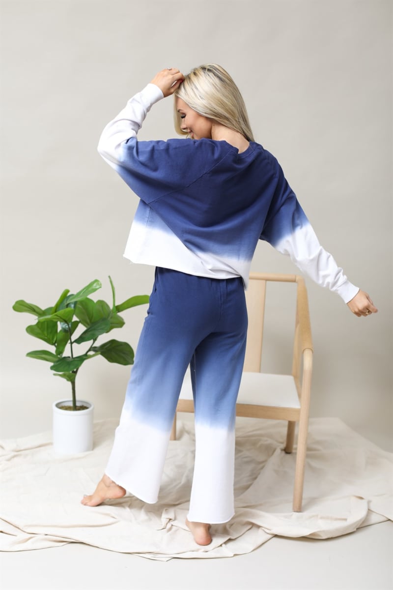 Cotton Ombre Dip Dye French Terry Long Sleeve Top Wide Leg Lounge Pants w/ Pockets Tracksuit SET - Navy