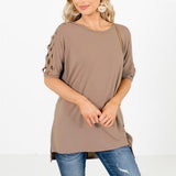 Crisscross Lattice Shoulder Half Sleeve Side Split Hi - Low Hem Oversized Top