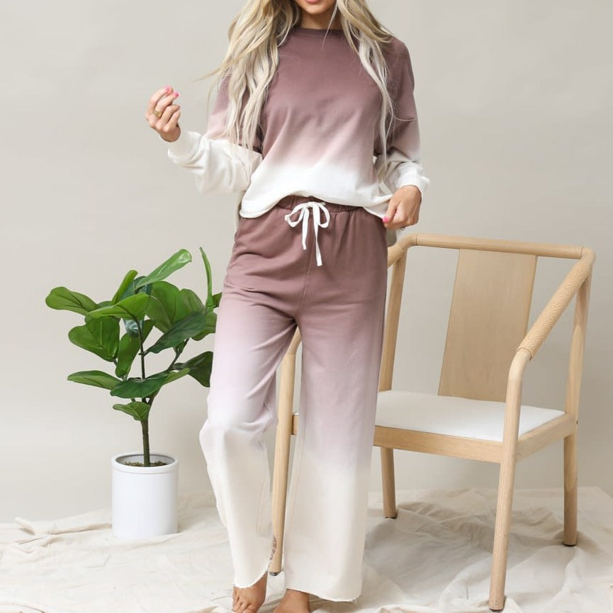 Cotton Ombre Dip Dye French Terry Long Sleeve Top Wide Leg Lounge Pants w/ Pockets Tracksuit SET - Mocha