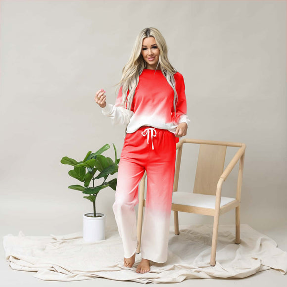 Cotton Ombre Dip Dye French Terry Long Sleeve Top Wide Leg Lounge Pants w/ Pockets Tracksuit SET - Ruby