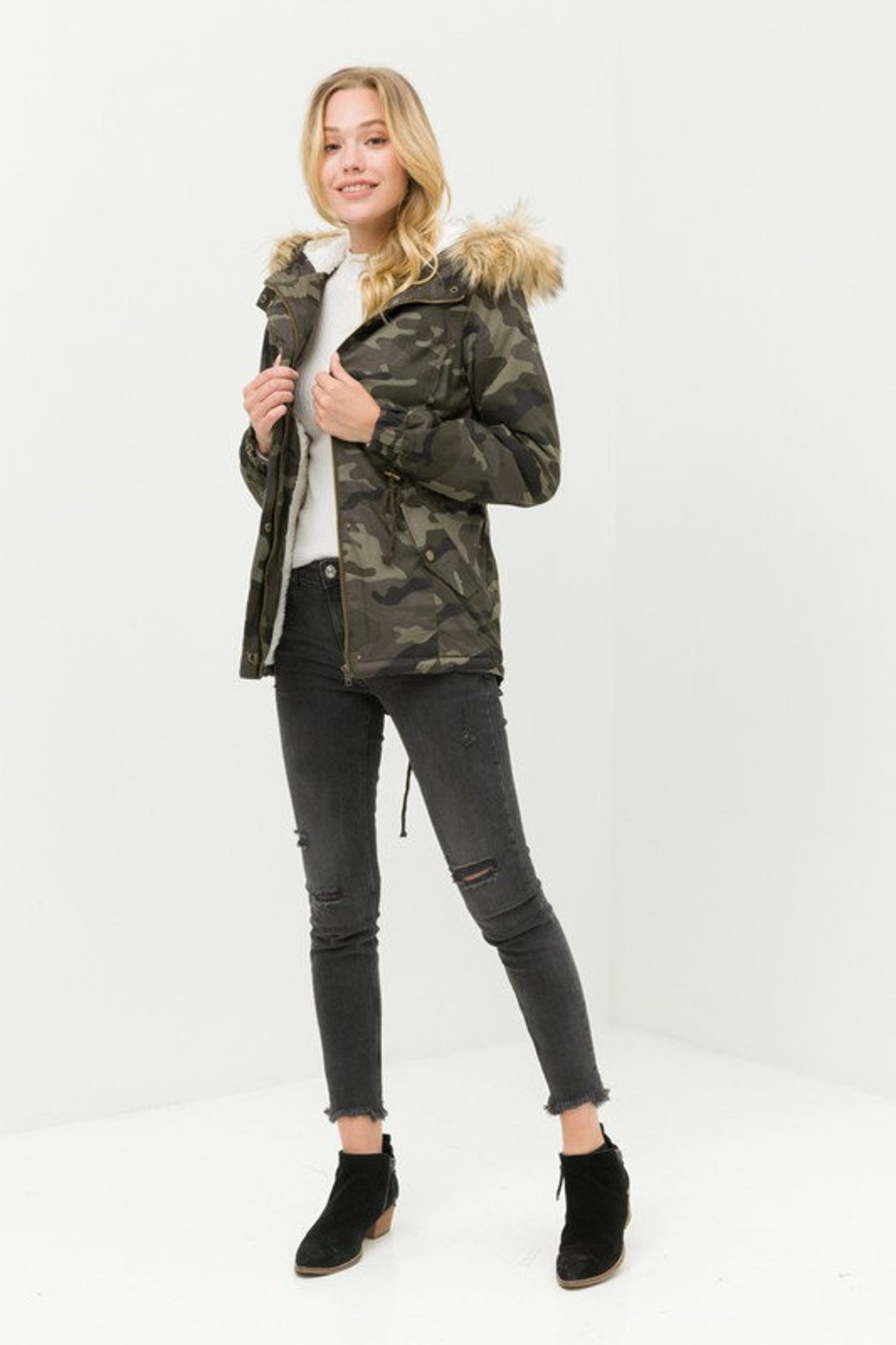 Love Tree Faux Sherpa Lined Military Hooded Utility Parka Jacket