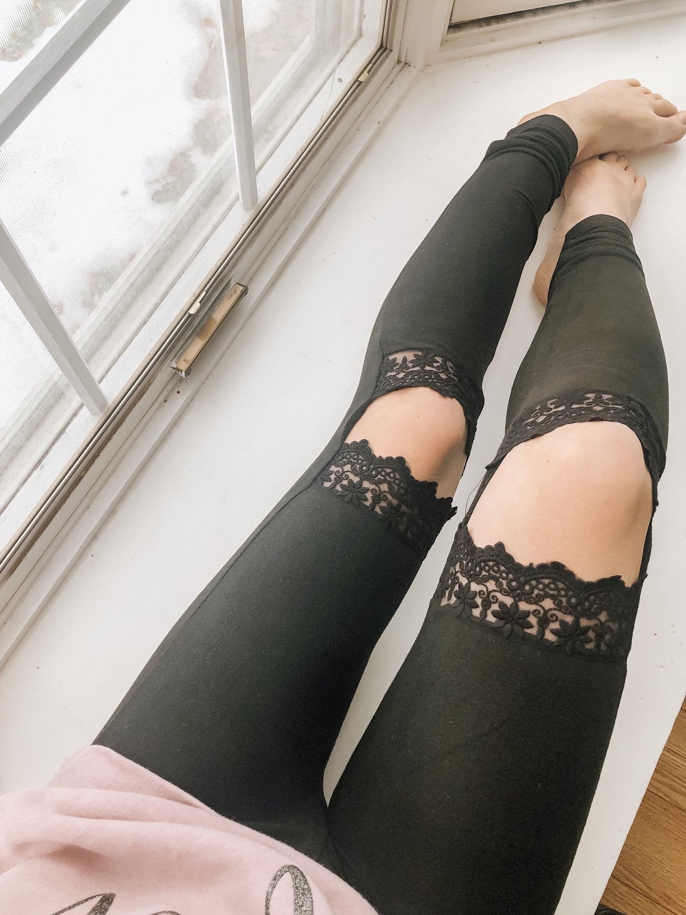 Lace Knee Cutout Leggings - Black