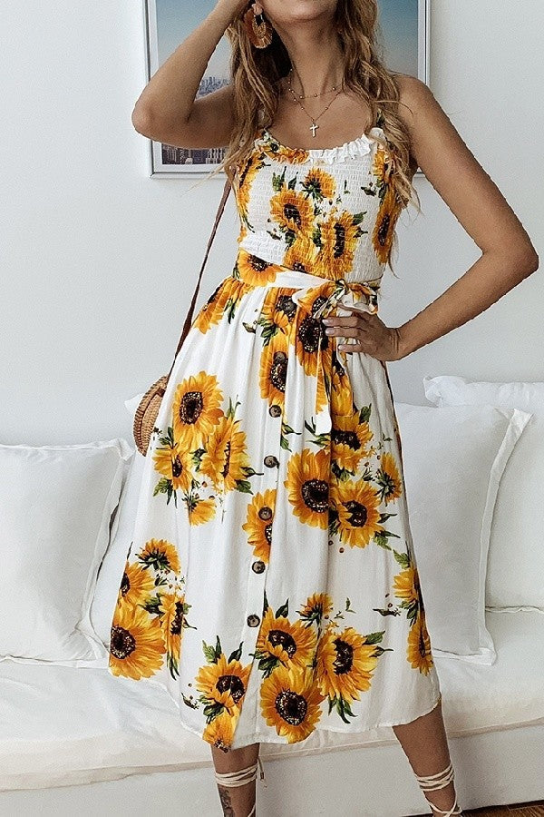 White Smocked Sunflower Dress