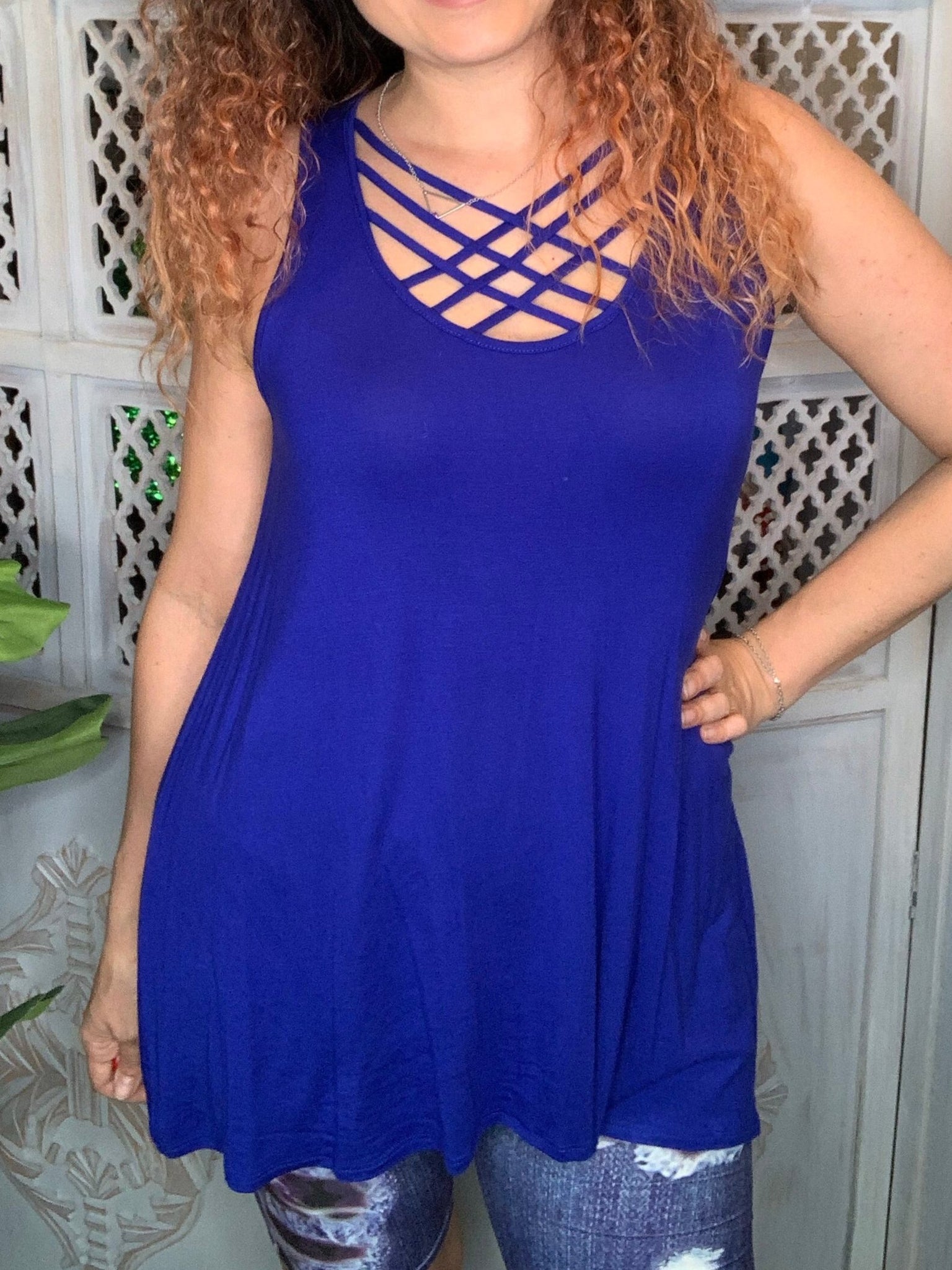 Solid Rayon Sleeveless Lattice Top