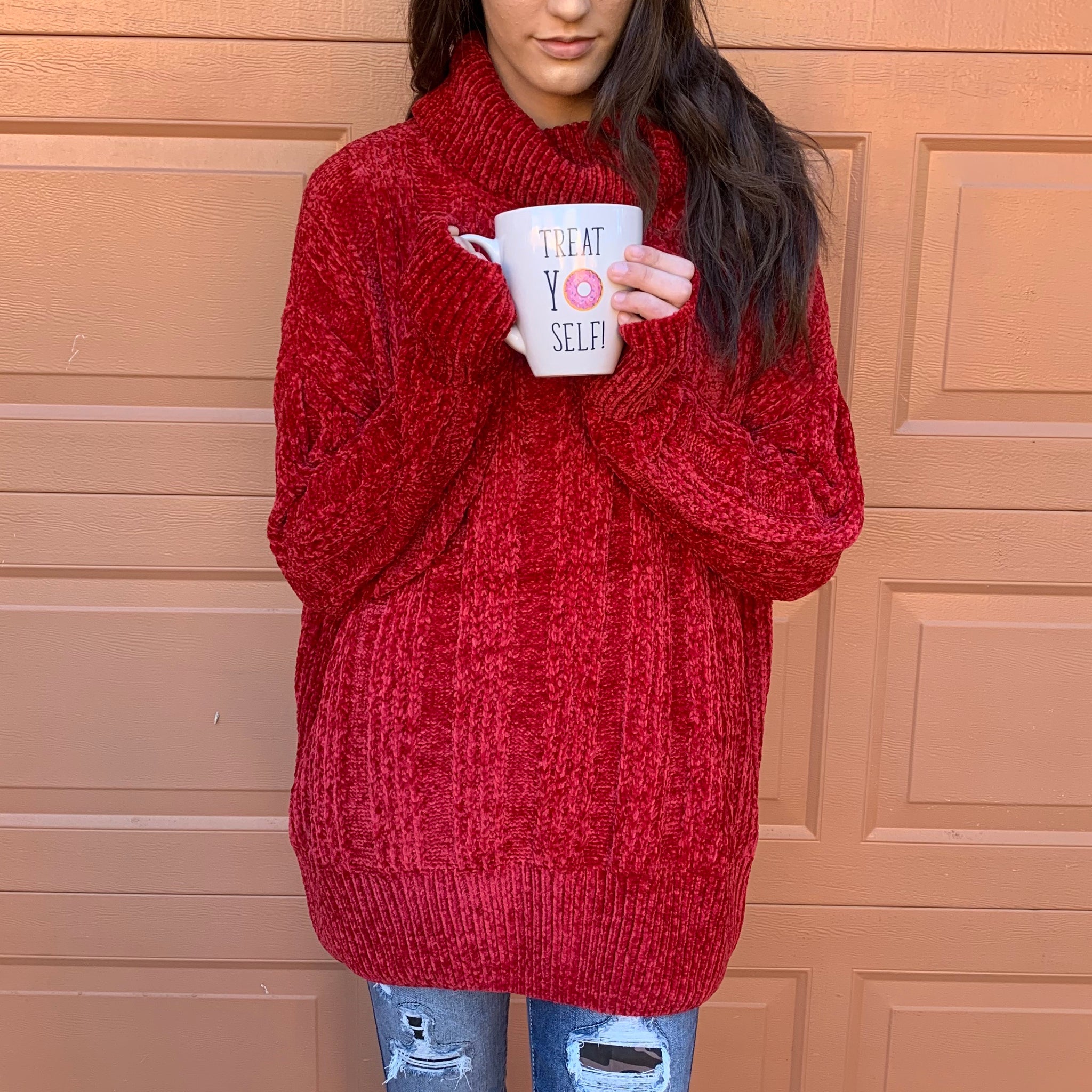 Oversize Chenille Turtle Neck Sweater - Red