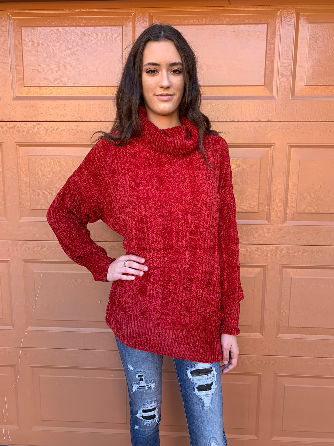 Oversize Chenille Turtle Neck Sweater - Red