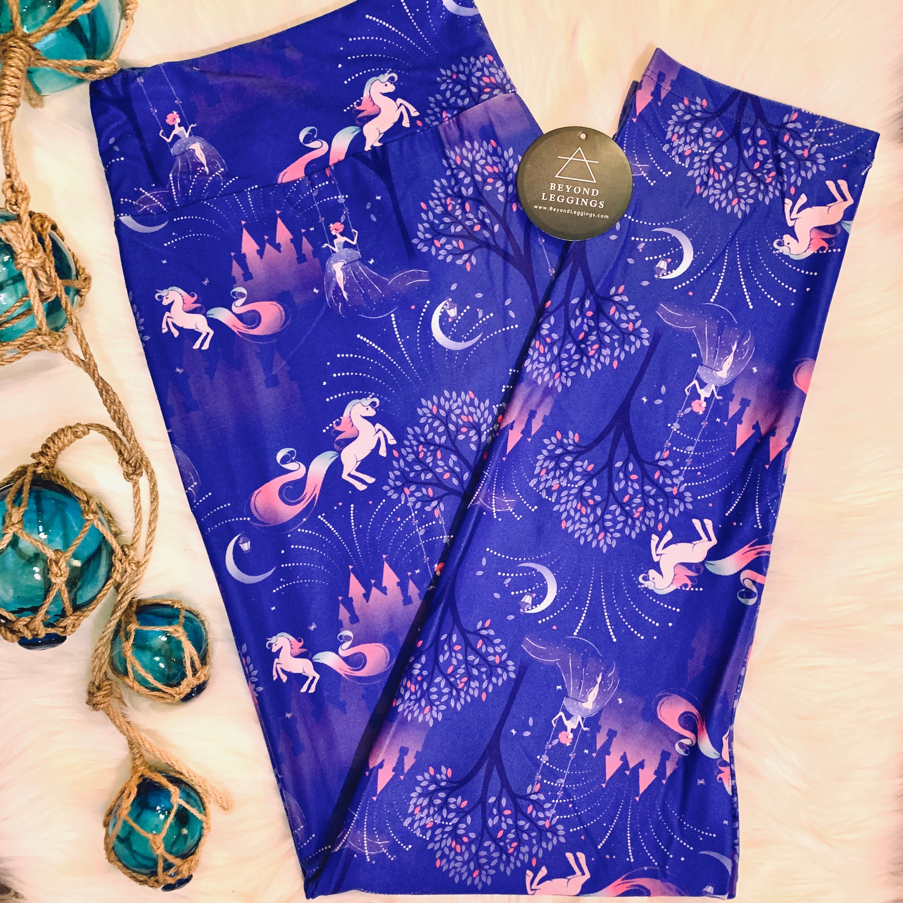 Purple Fairytale Princes Magic Castle & Unicorn Pony Print Leggings - Adult & Kid Sizes