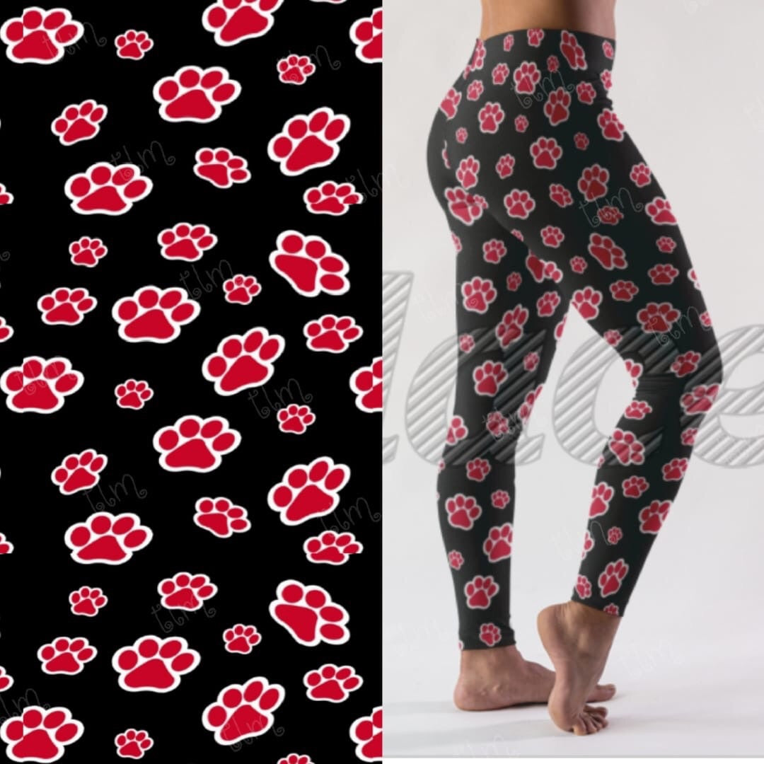 Red Paw Prints Leggings with Pocket in Waist Band
