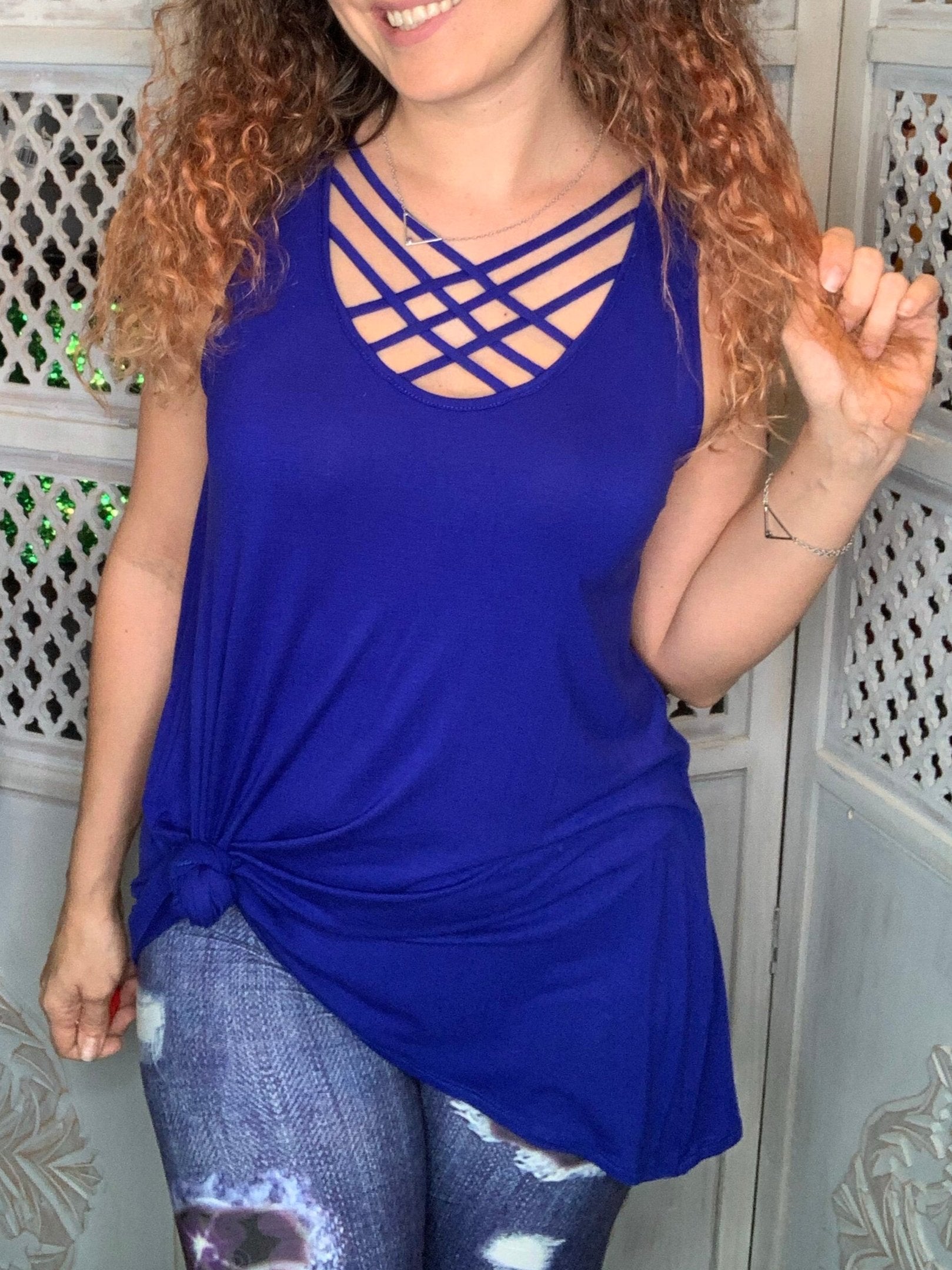 Solid Rayon Sleeveless Lattice Top