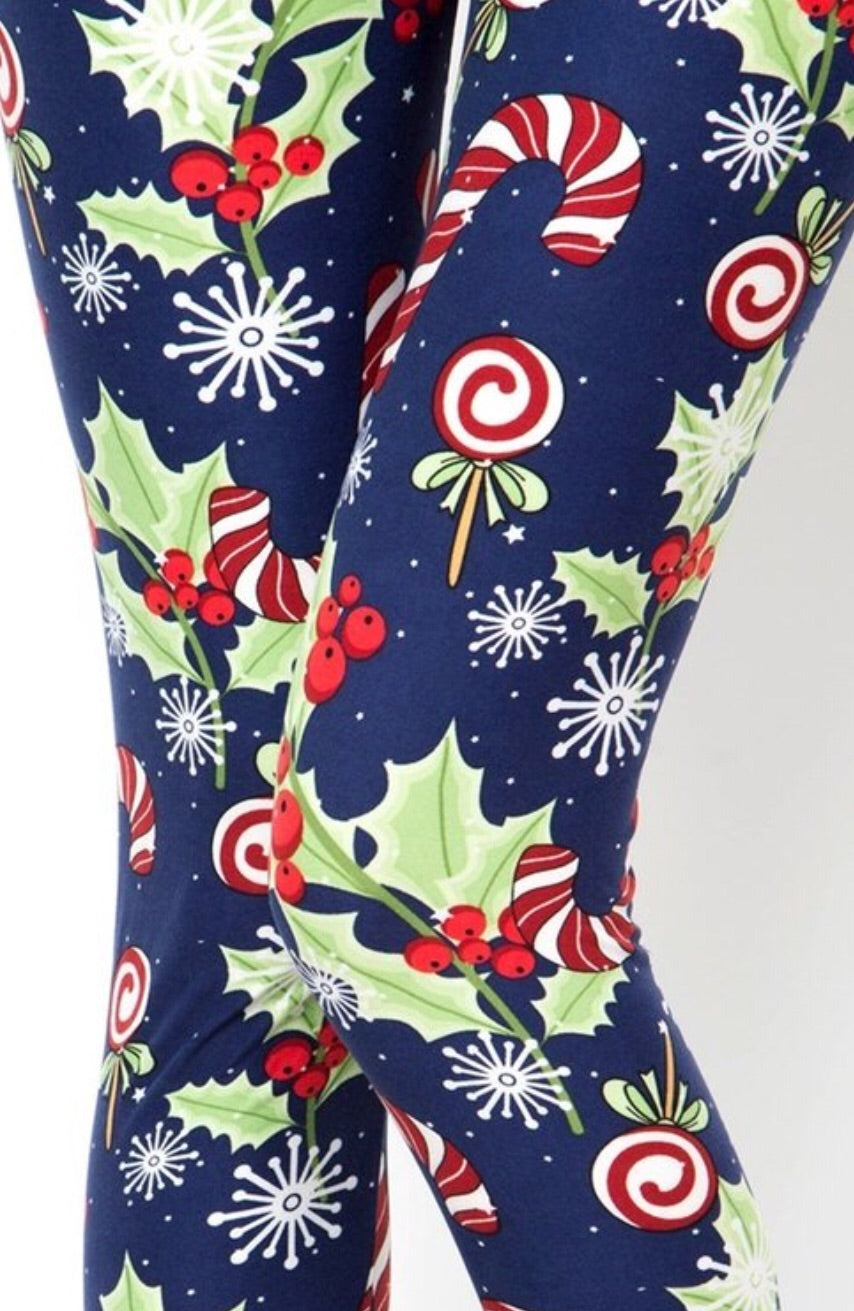 Holly and Candy Canes CHristmas Print Soft Leggings
