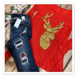 Festive Red Sequin Reindeer Long-Sleeve Top