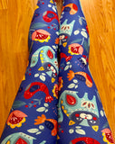 Storybook Whimsical Cat Bird Flower Print Soft Blue Leggings