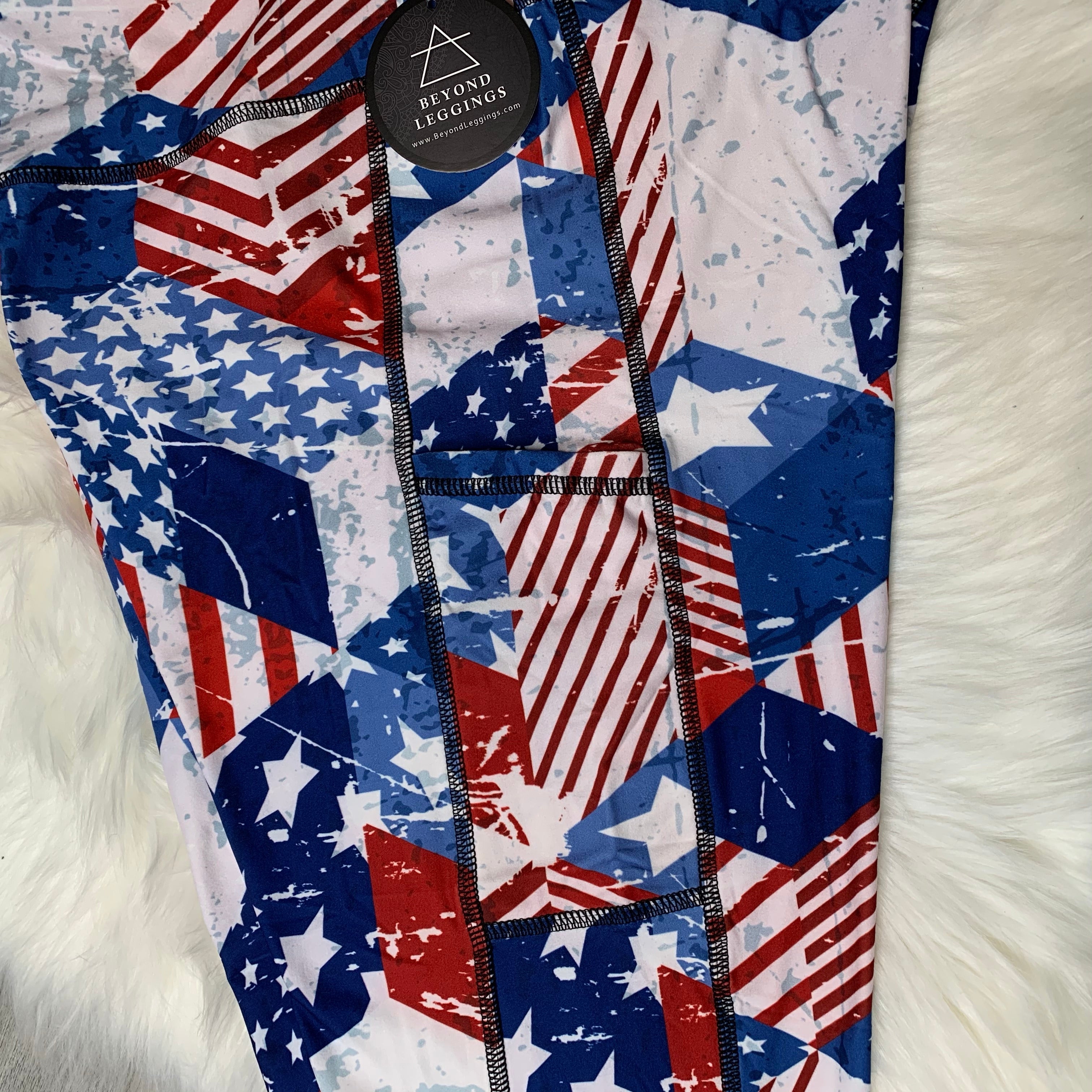 Red White & Blue Abstract Flag 4th of July Capri or Full Length Soft Leggings w/ Pockets