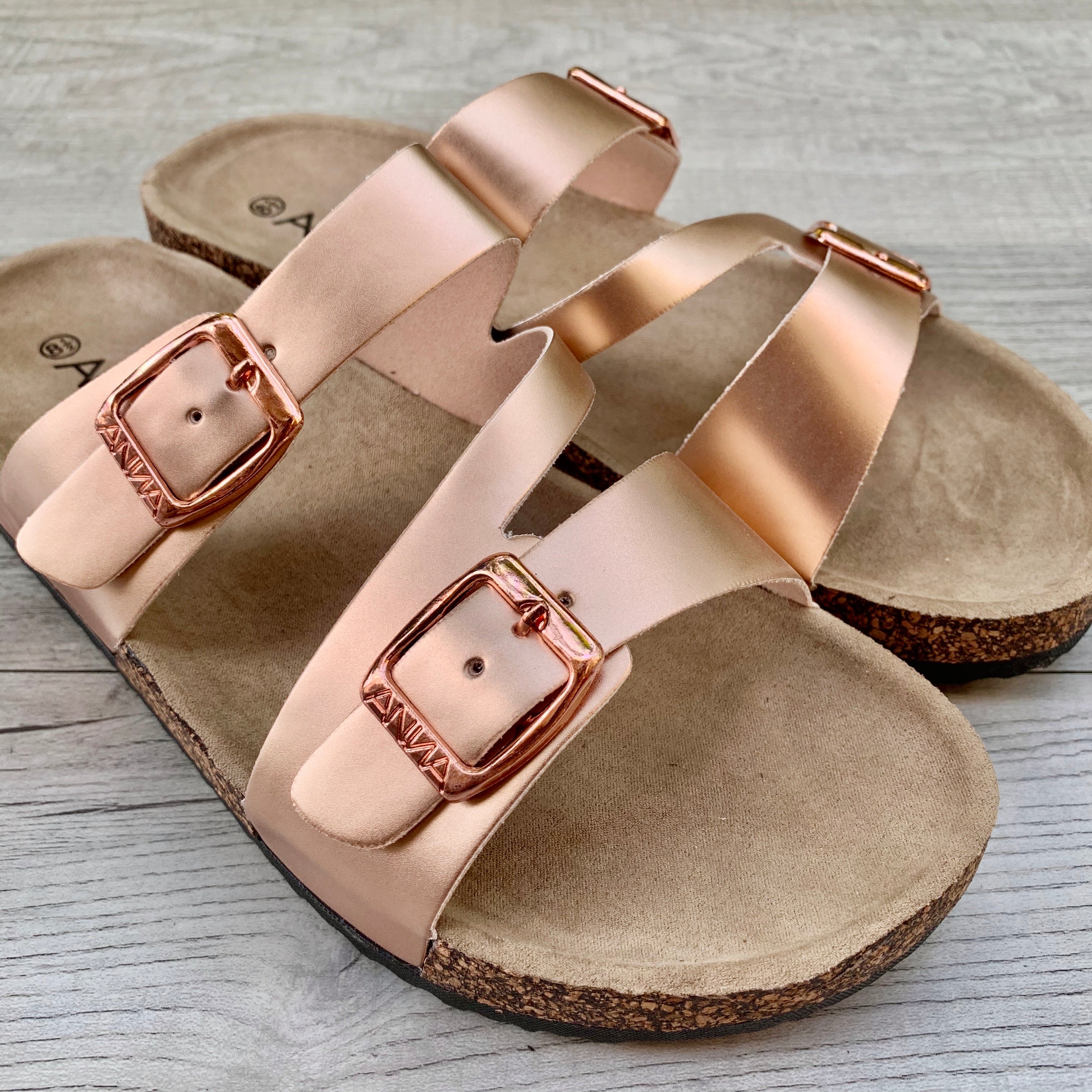 Rose Gold Triple-Strap Footbed Sandal