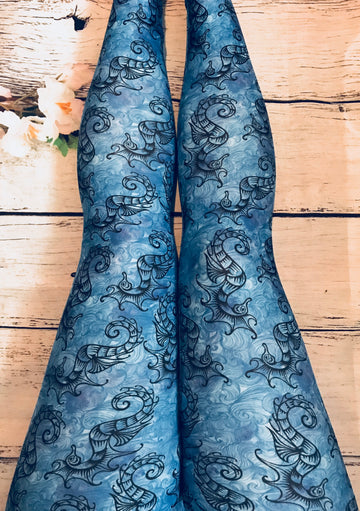 Seahorse Dragon Blue Ocean Wave Print Leggings