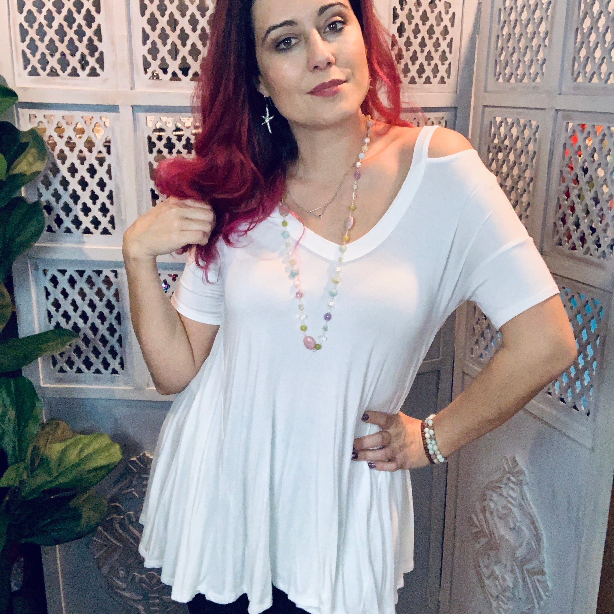 Shoulder Cut Out White Top