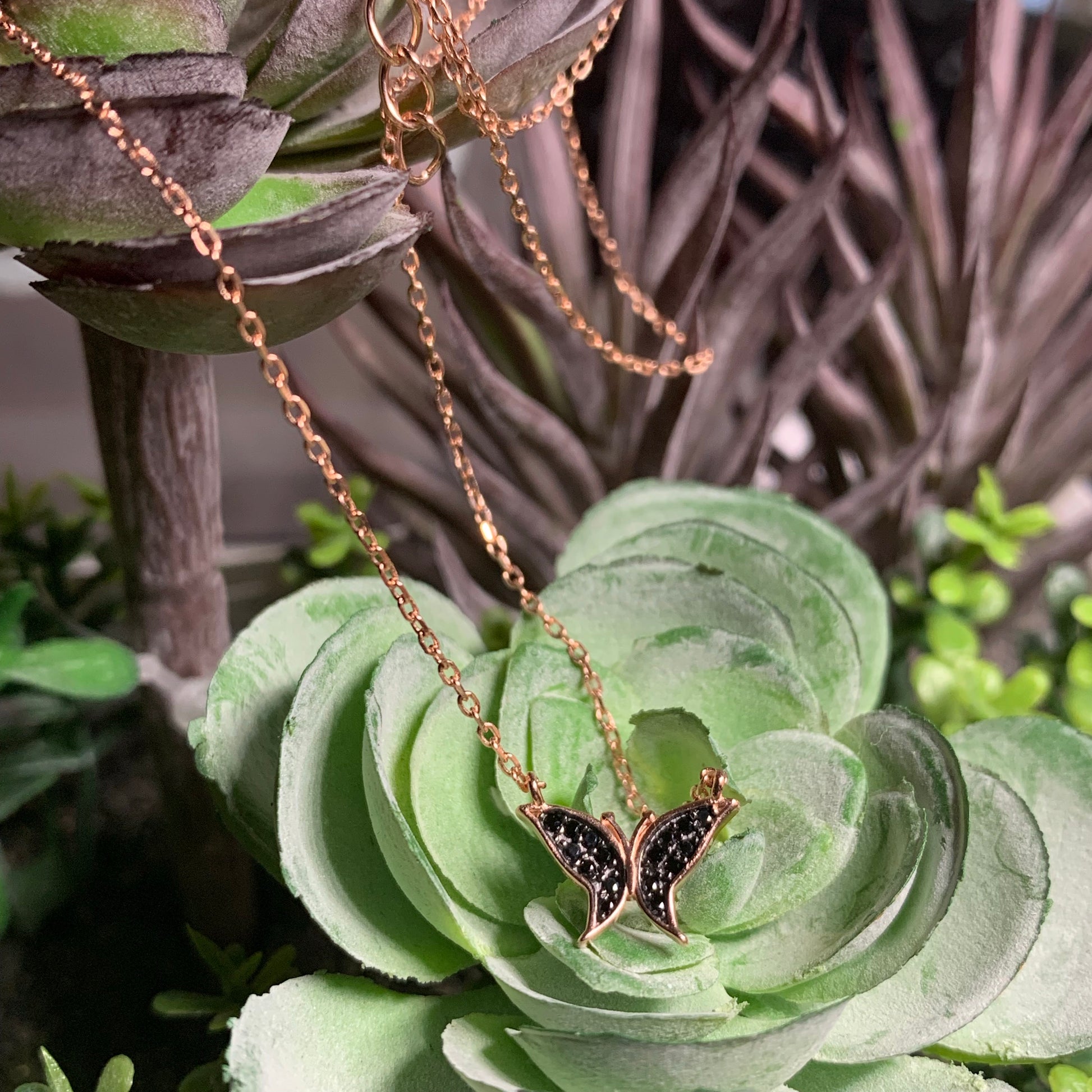 Rose Gold Vermeil Butterfly Necklace with Onyx Stones 