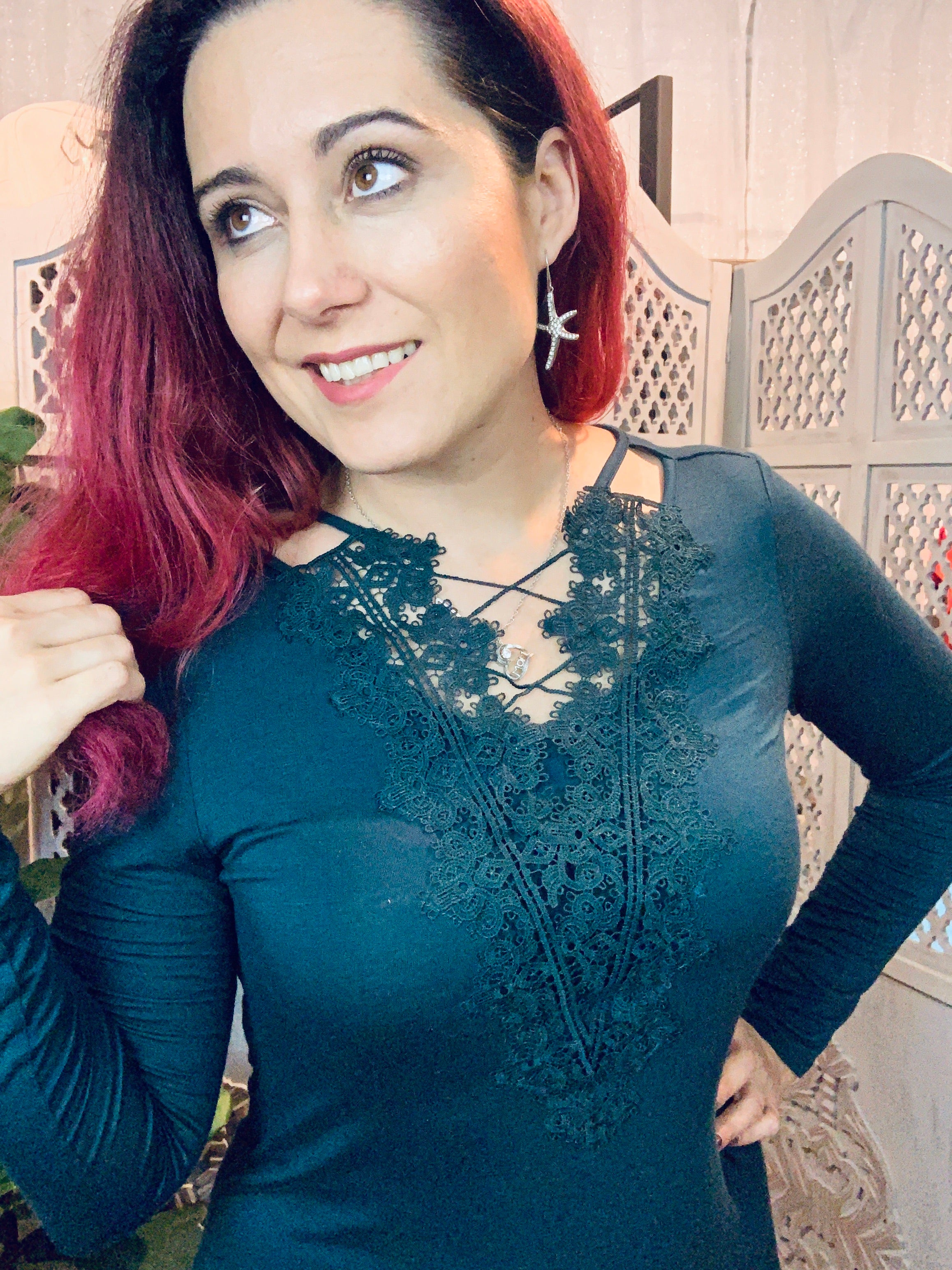 Criss Cross Lace V-neck Top - Hunter Green